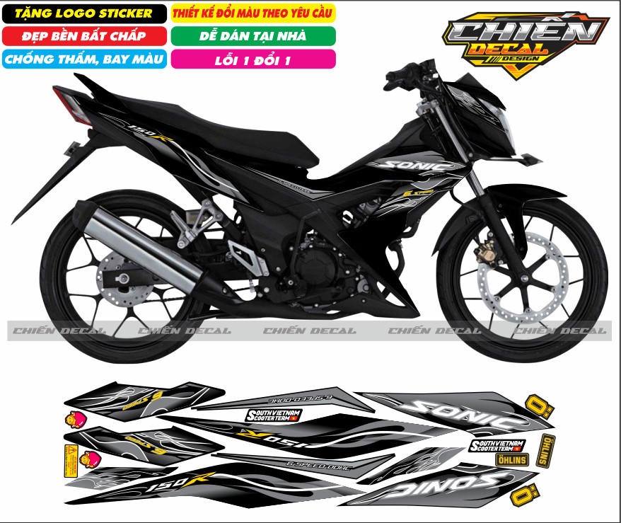 Tem rời xe sonic 150 màu đen mẫu tem lửa nhiều kiểu lựa chọn (tem 3 lớp cao cấp)