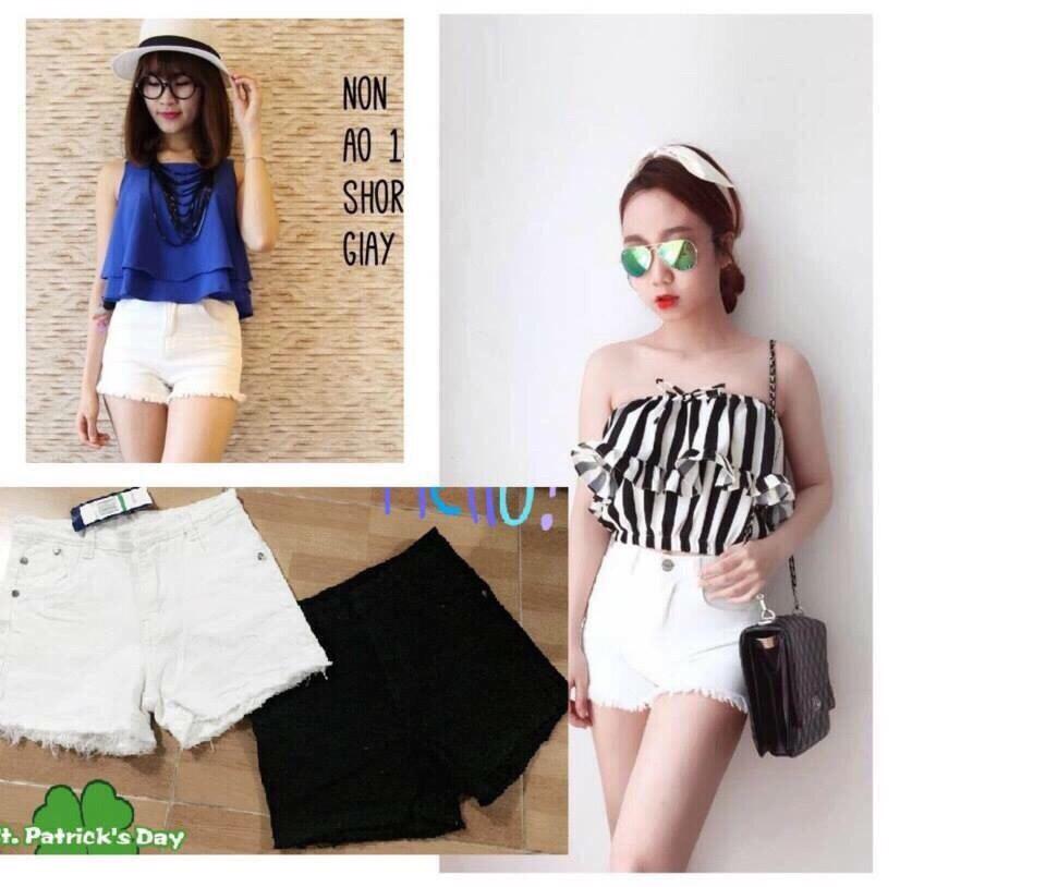 QUẦN SHORT JEAN NỮ ĐEN TRẮNG TUA LAI A2