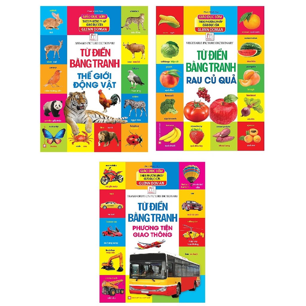 Sách - Combo từ điển bằng tranh Thế giới động vật+ Rau củ quả+Phương tiện giao thông + Tặng truyện tranh cho bé Mhbooks