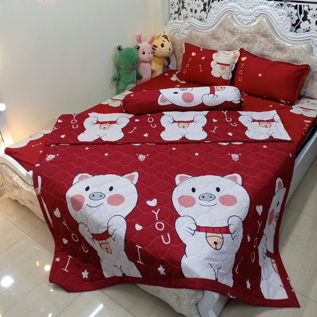 Bộ Chăn Ga Gối Cotton Poly Hình Heo Đỏ , Chất Liệu Thoáng Mát Bền Đẹp , Tiệm Nhà Cá