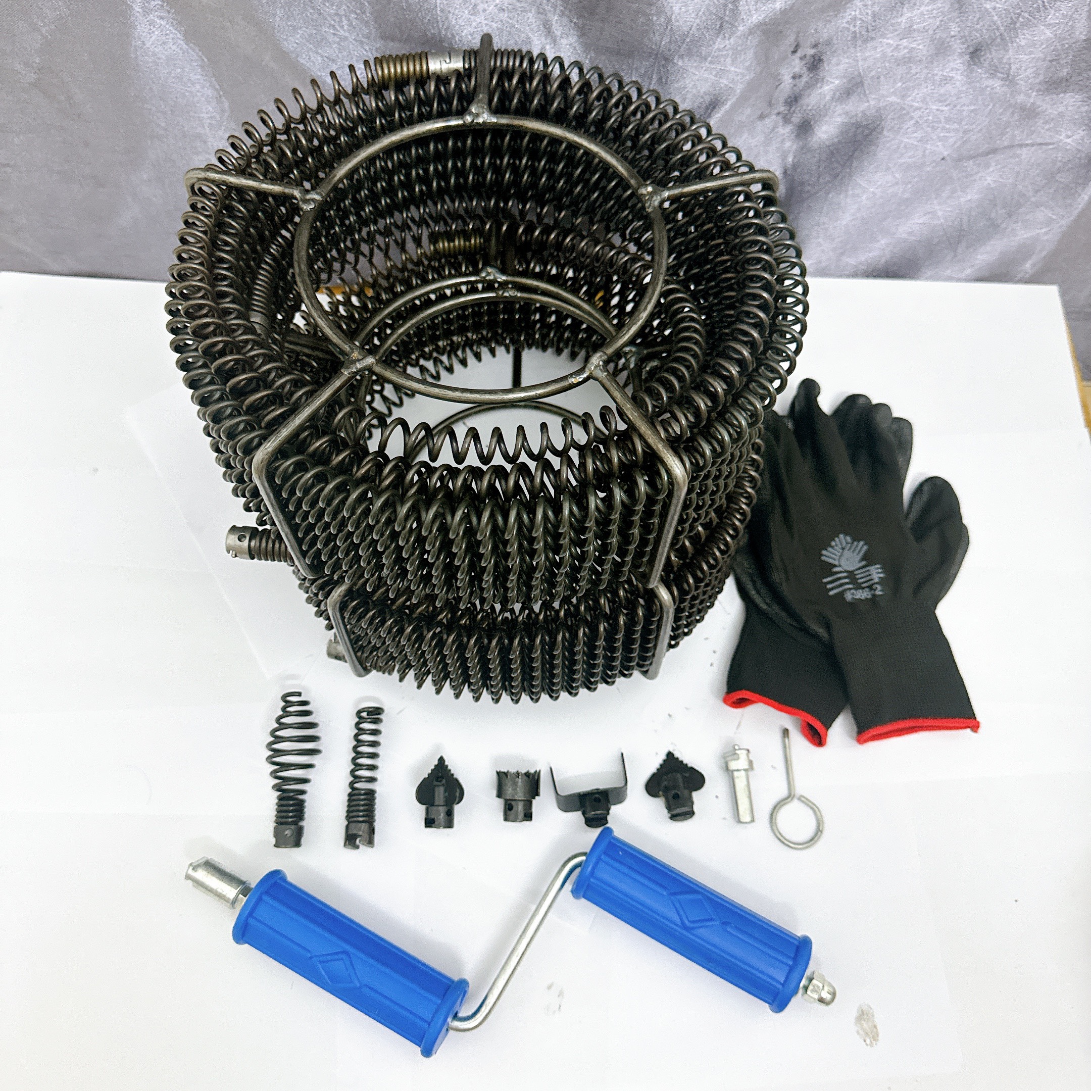 Bộ sản phẩm dây thông cống phi 16 ( bao gồm dây lò xo phi 16 + 6 đầu thông + 1 đầu kết nối + 1 tay quay )