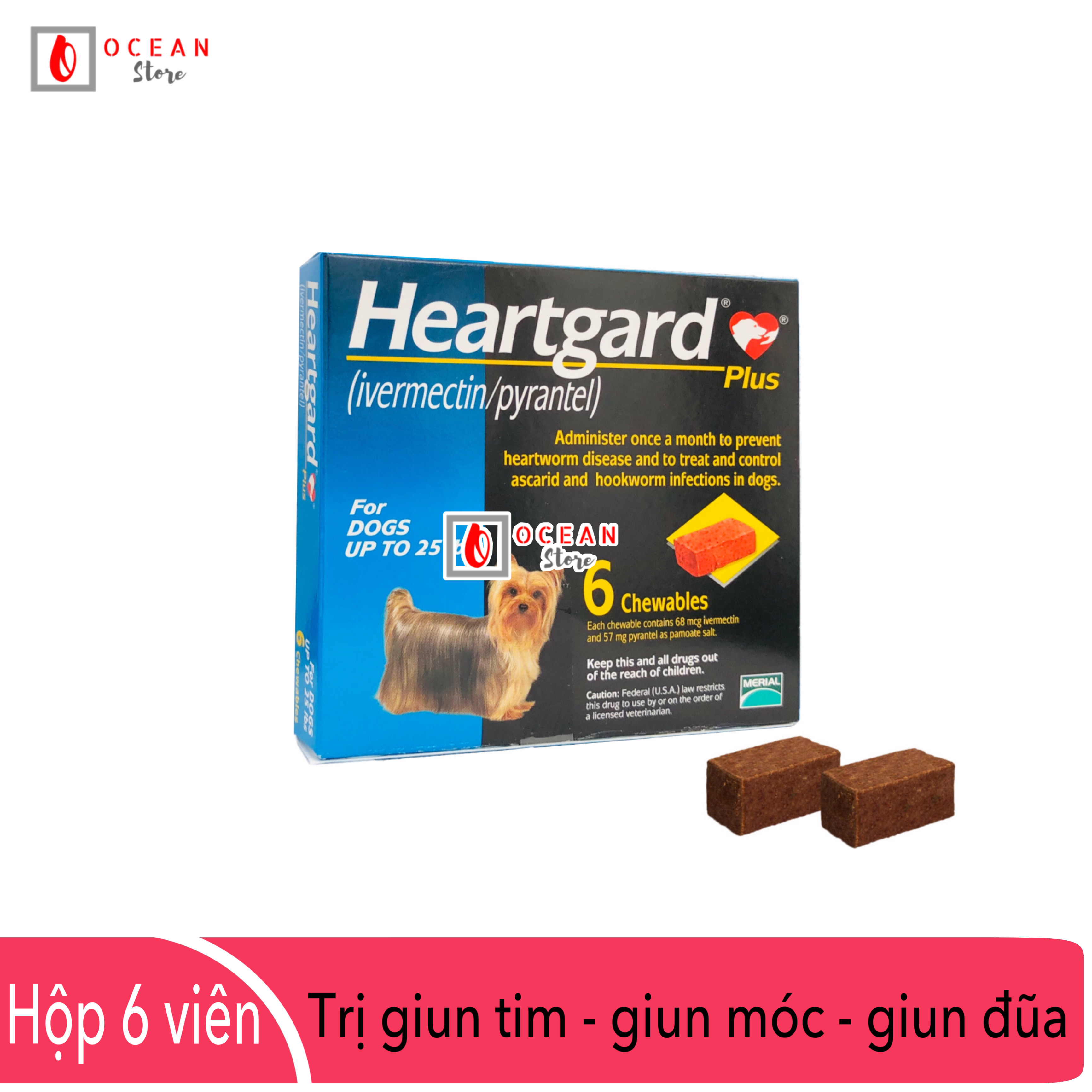 Thuốc tẩy giun tim, giun đũa, giun móc trên chó - Hộp 6 viên Heartgard chó dưới 11,5kg