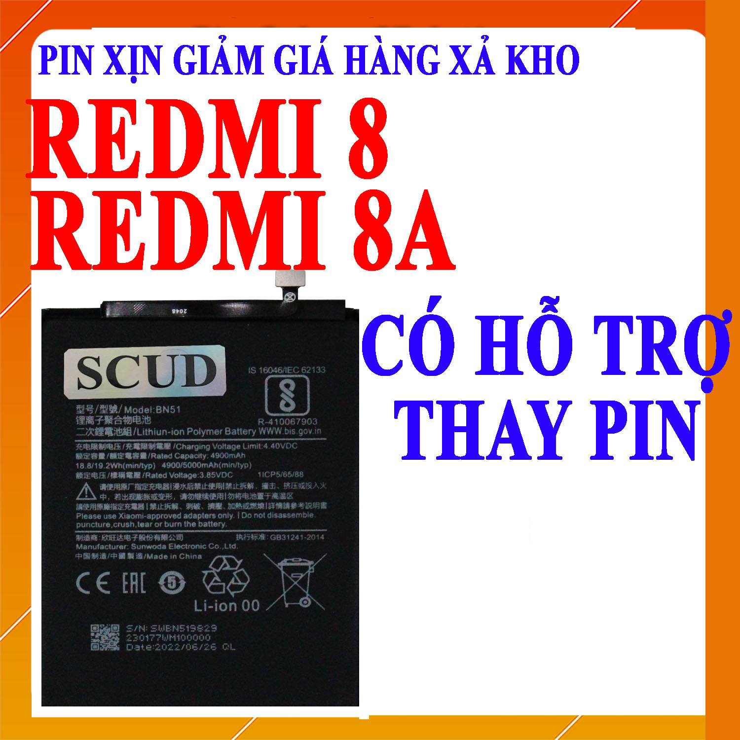 Pin Scud cho Xiaomi Redmi 8/Redmi 8A BN51 dung lượng 5000mAh (Đen)