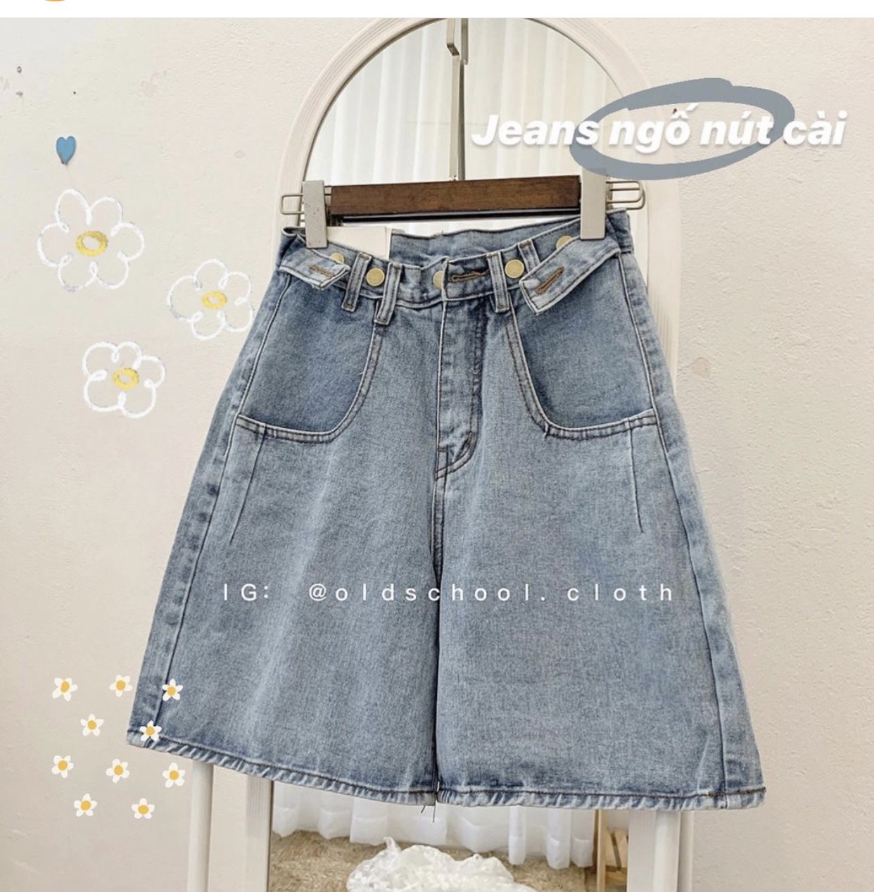 Quần jeans ngố đai nút