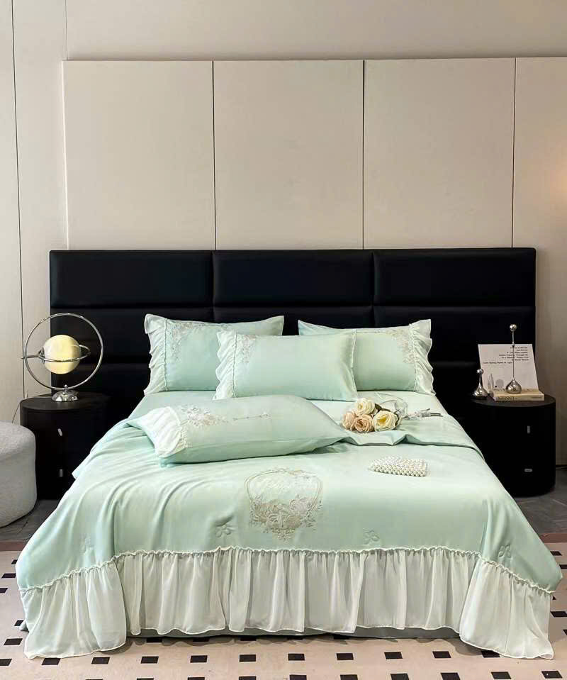 💥(FREESHIP MAX) SET 4 MÓN GA GỐI CHĂN HÈ PHI LỤA THÊU HOA PHỐI REN CAO CẤP