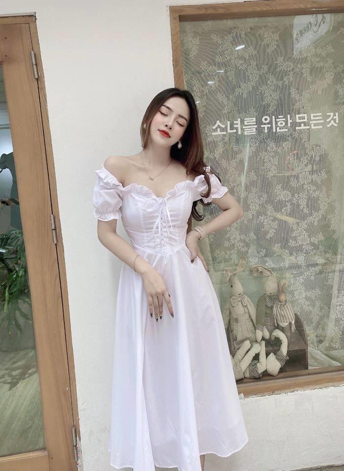 [HCM]Đầm Bèo Vai Mặc 2 Kiểu Đan Dây Ngực (TRẮNG)