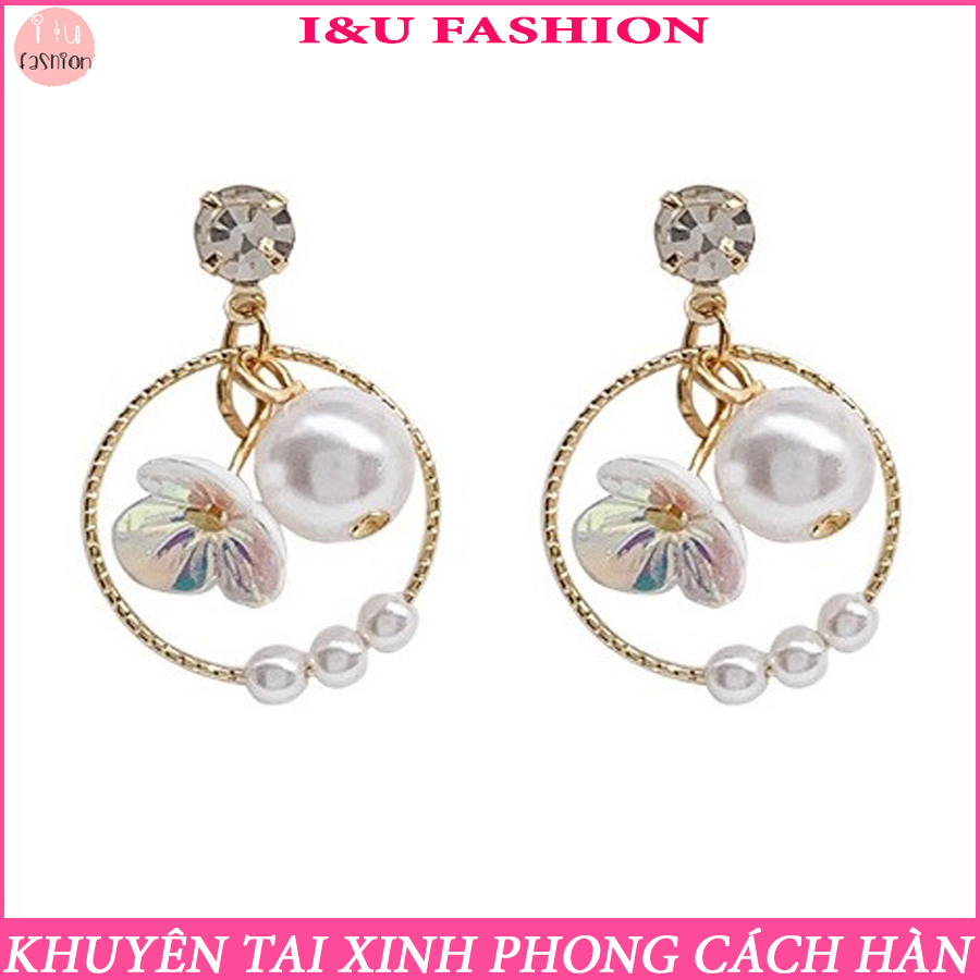 Khuyên tai bông tai tròn có đính đá kèm bông hoa nhỏ nhắn phản chiếu ánh sáng và hạt ngọc trai sang chảnh phong cách Hàn quốc cá tính cho nữ KT-105