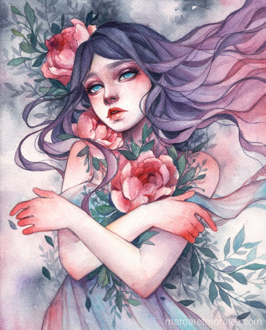 Tranh nghệ thuật art thiếu nữ hóa nàng thơ mộng ngây thơ bên hoa hồng lãng mạng
