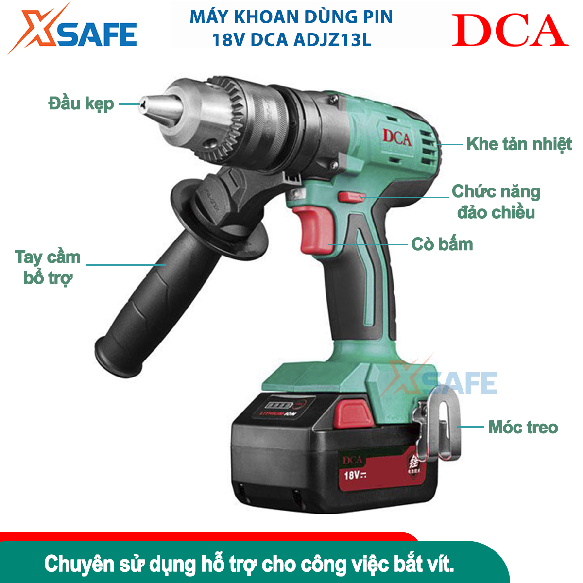 Máy khoan động lực dùng pin 18V DCA ADJZ13 máy khoan 3 chức năng khoan gạch 14mm, khoan gỗ 38mm, khoan sắt 13mm, lực xoắn tối đa 70N/m, tốc độ không tải 0-400 v/p, máy khoan dùng pin 18V/2.0Ah x 2