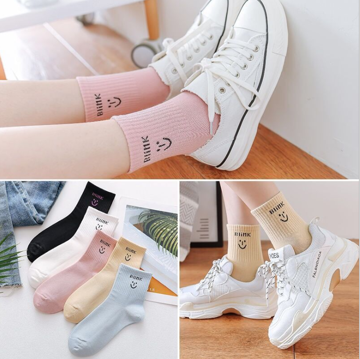 Set 5 đôi Tất cổ cao SMILE style Hàn Quốc nhiều màu