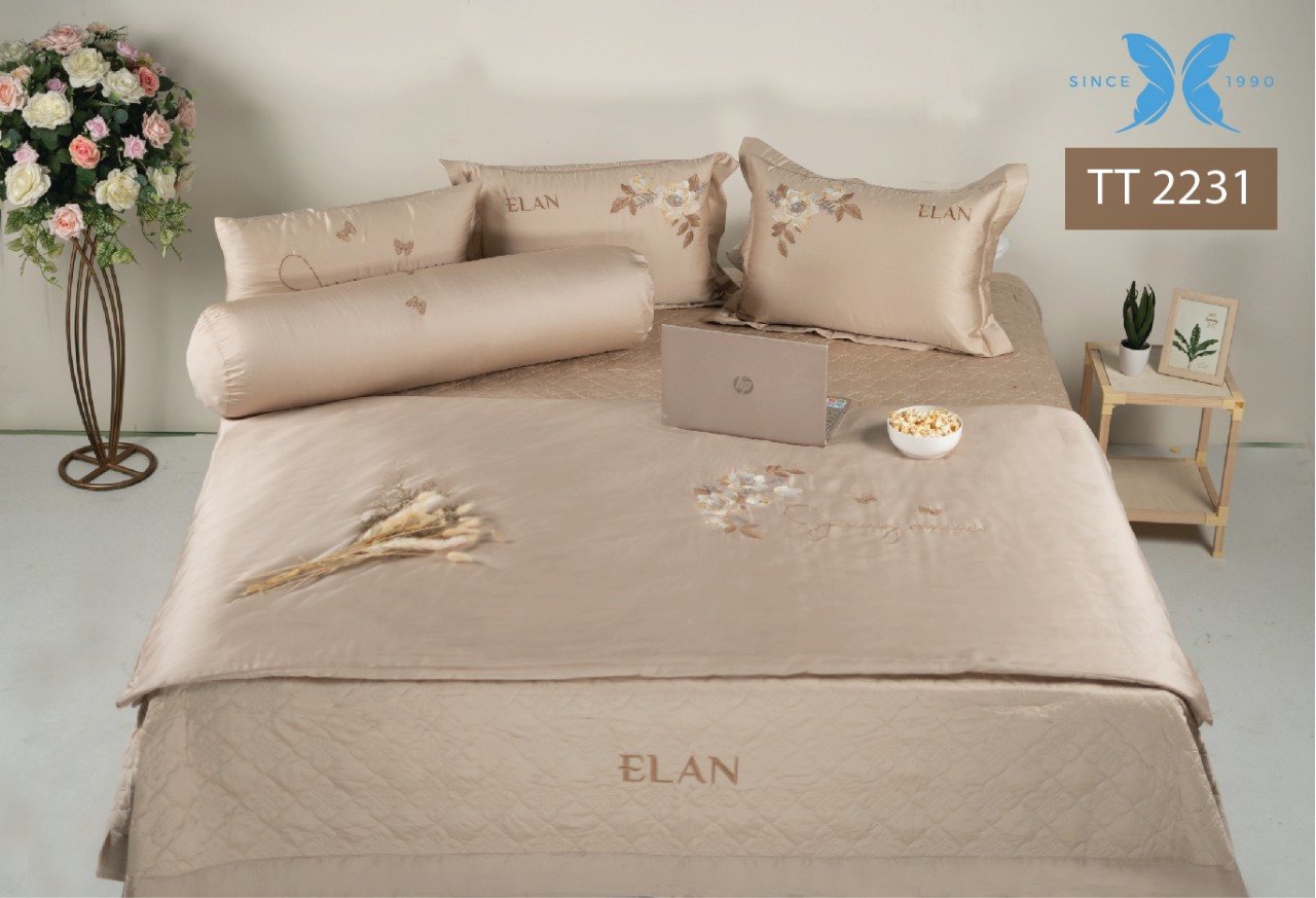 Ga Bộ ELAN Lụa Tơ Tằm cao cấp (Bộ ga 8 món )- Chăn ga cưới 2021