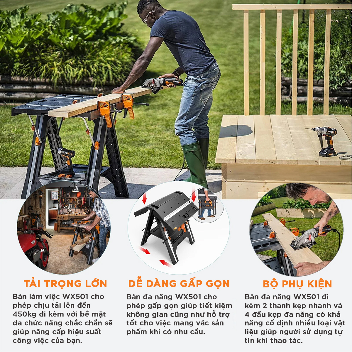 Bàn làm việc đa năng xếp gọn WORX WX051 tải trọng lên đến 450kg, dễ dàng gấp gọn di chuyển, mặt bàn rộng dễ thao tác, có hộp đựng đồ nghề