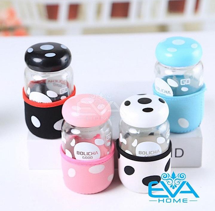 [HCM]Bình Nước Thủy Tinh Có Lưới Lọc Hình Nấm Có Vỏ Bọc Giữ Nhiệt Chống 300 Ml