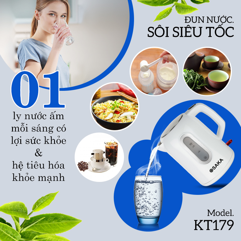 Bình đun siêu tốc 1.7 L OSAKA KT179 (Trắng)