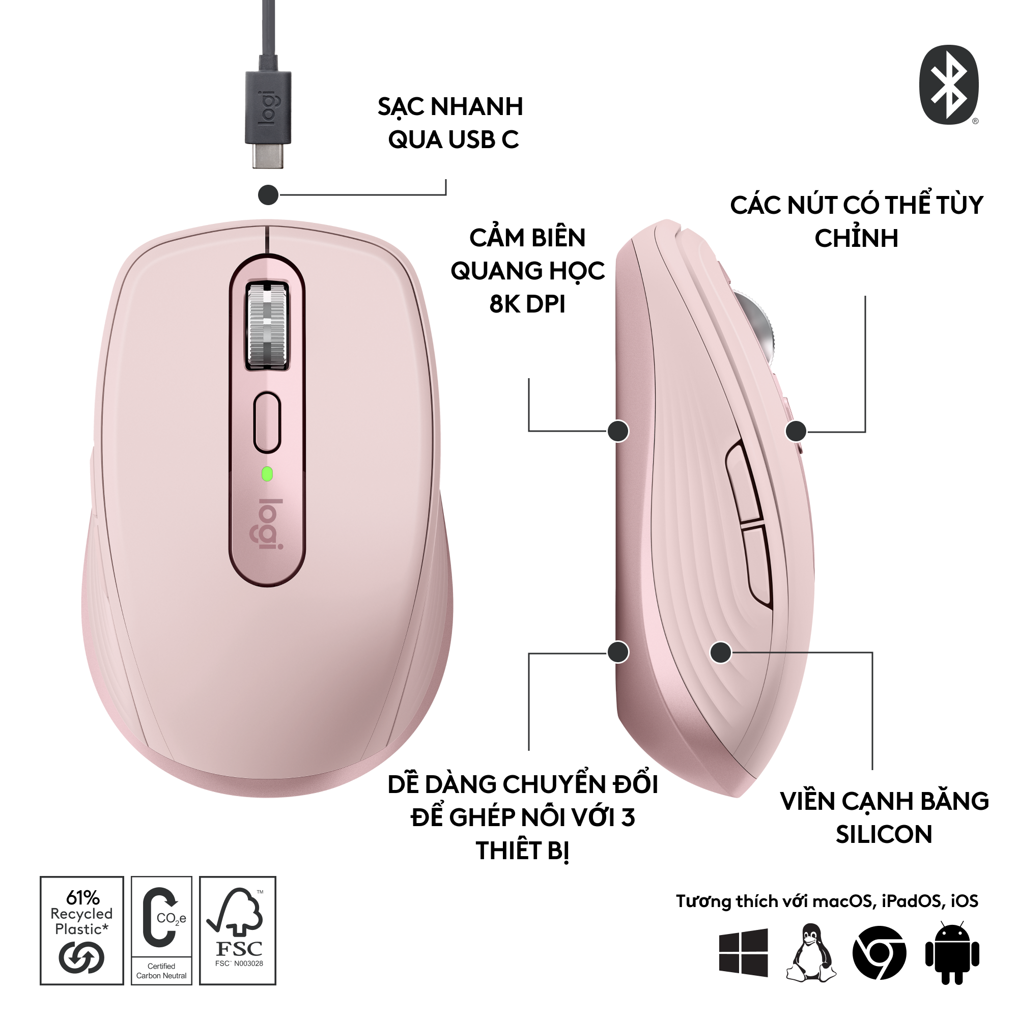 Chuột không dây Logitech MX Anywhere 3S Silent - Cuộn nhanh, 8000 DPI, lướt trên mọi bề mặt, USB C, Bluetooth, Windows PC, Linux, Chrome, Mac