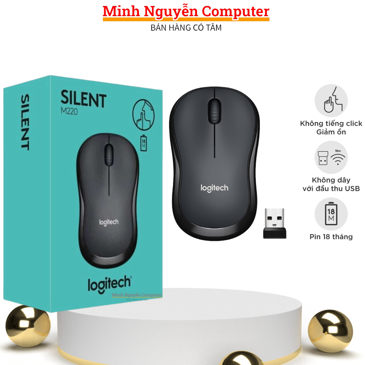 Chuột Không dây Logitech Silent M220, dùng cho máy tính PC, Laptop, Kết nối cổng USB, Tặng kèm Pin