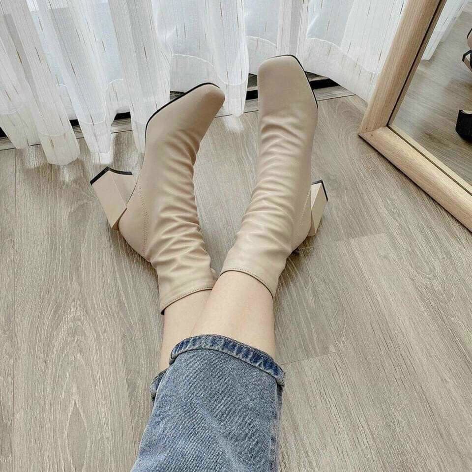 Bốt nhún da lì gót kiểu 7p Đen - Nâu tây