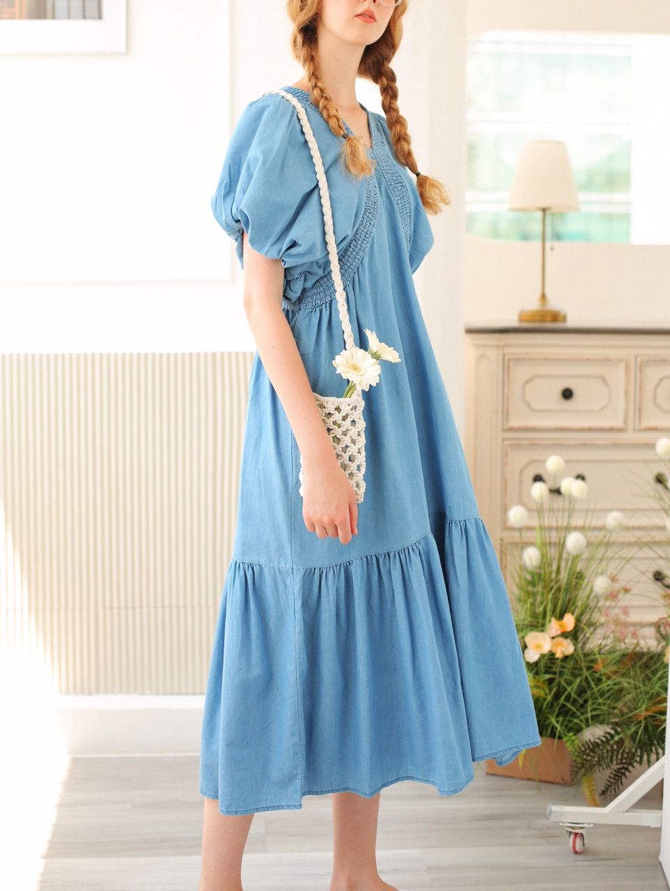 MORI - MRD11 đầm denim nhún phom suông