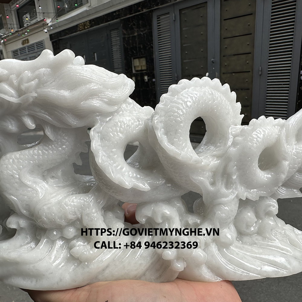 Feng Shui display dragon statue-peacock feather white ice-26cm long