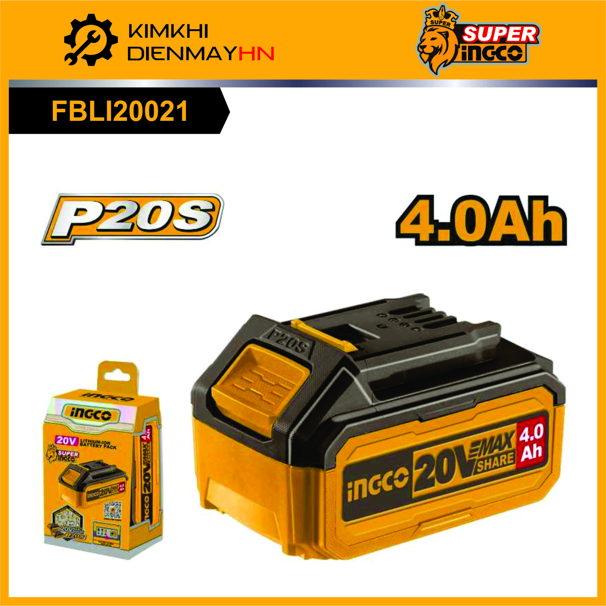 Pin 20v 4.0ah ingco fbli2002, fbli20021 | pin sạc có dung lượng pin lithium-ion 4.0ah