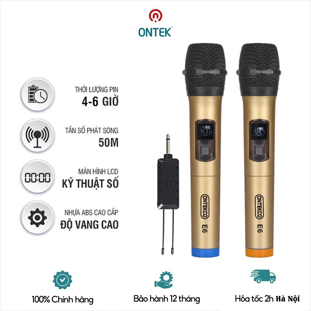 Bộ Micro Không dây karaoke ONTEKCO E6S Màu Gold, Micro Ontekco Chuyên dùng cho mọi loa kéo và amply, Micro hiển thị Màn hình Led - Bảo hành 12 Tháng