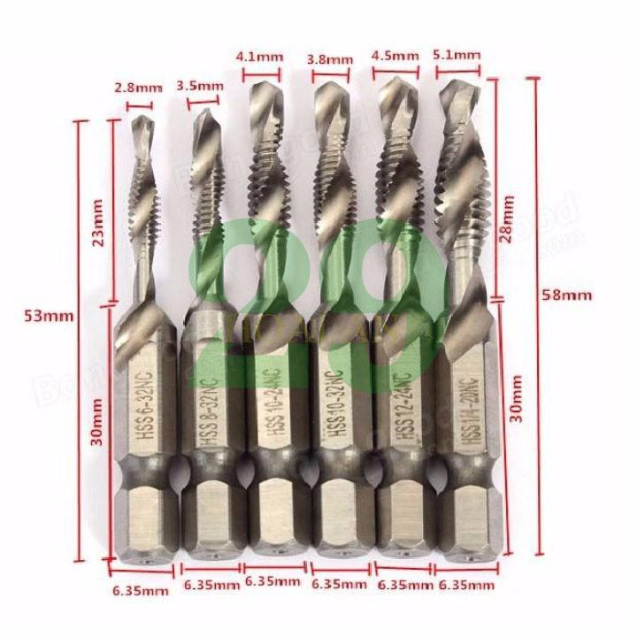 Mũi Khoan taro Bộ 6 mũi Khoan taro hss tạo ren hệ Inch cao cấp Tặng Găng Tay Bảo Hộ