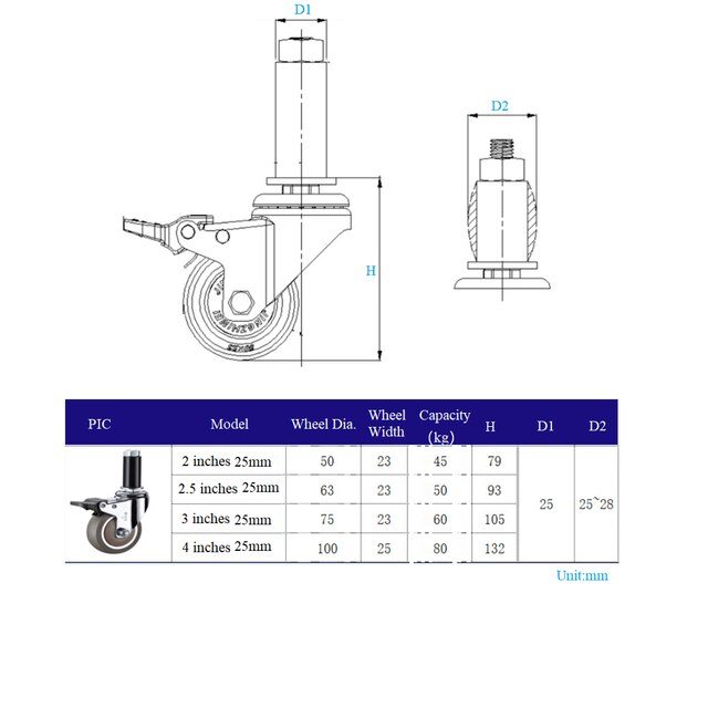 4Pcs/Lot Caster Wheel Set For Mean Pipe Commercial Kitchen Prep Tables