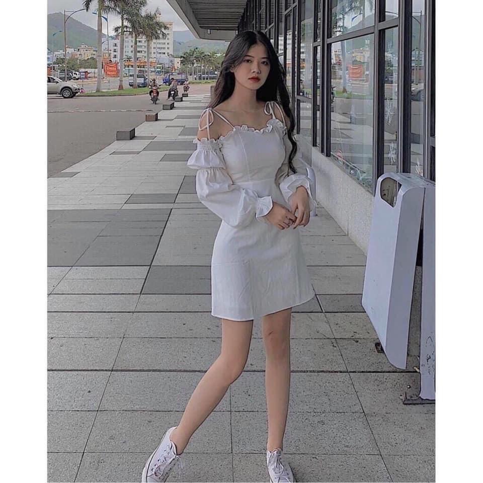 SẴN) Váy trắng bánh bèo mỏng 2019 | Váy trắng cổ V Hàn quốc | Shopee Việt  Nam