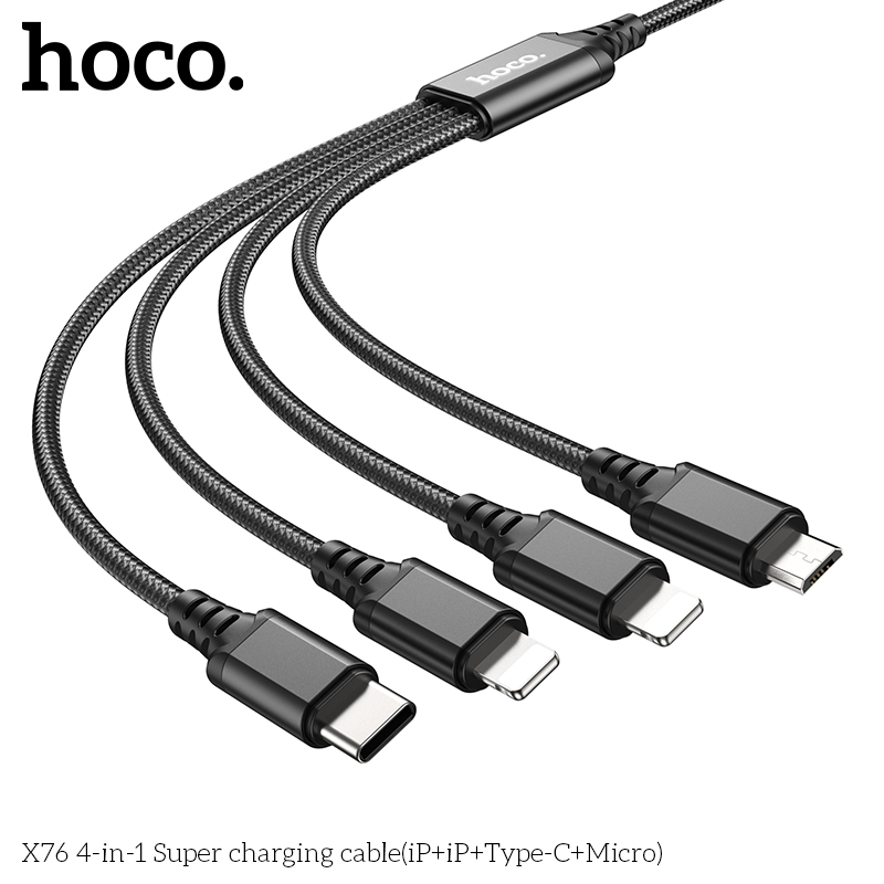 Cáp Sạc Hoco X76 Super 4 Trong 1 2.0A Cổng IP * 2 + TypeC + Micro Dây Dài 1m