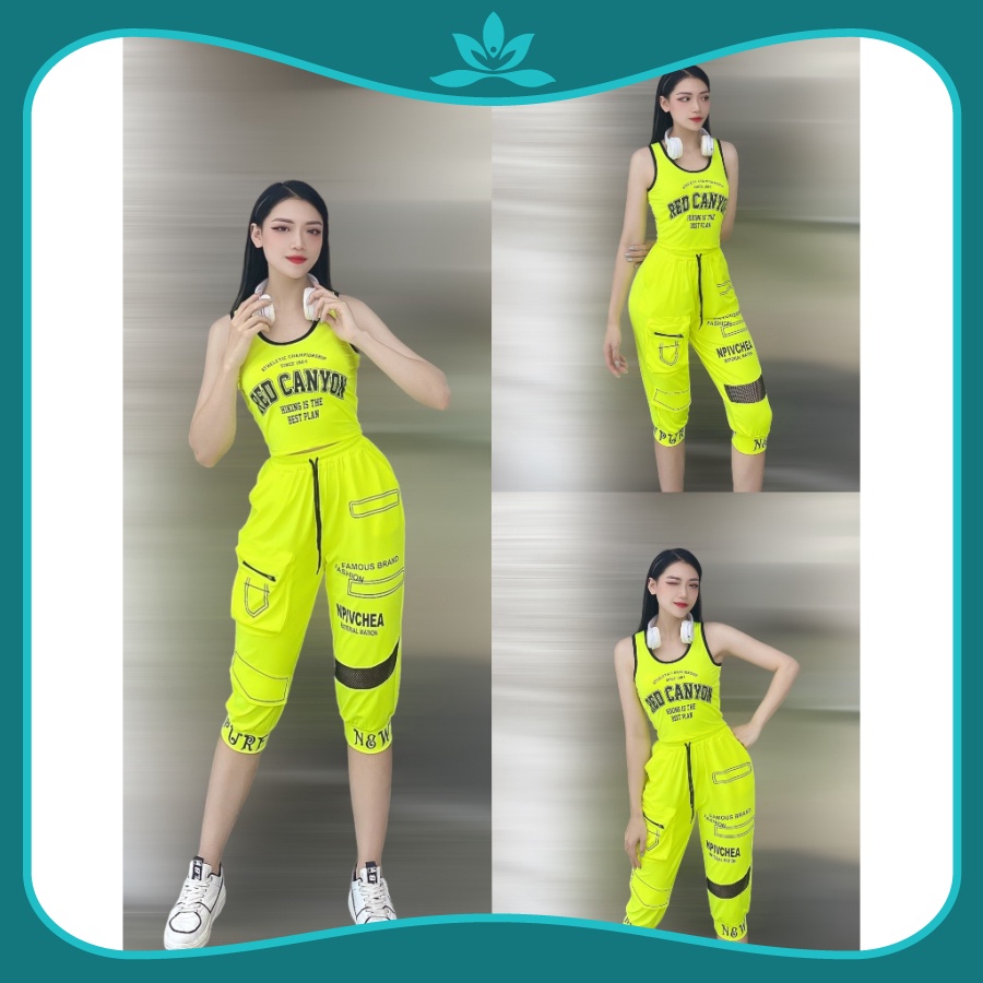 Bộ lửng crop Canyon, quần bo gối phối lưới tập thể thao, bộ lửng tập yoga aerobic siêu hot