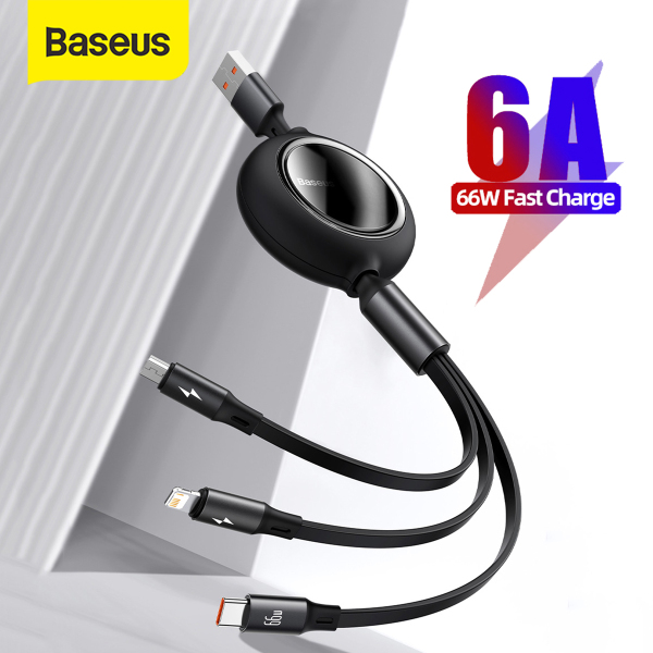 Baseus 3 in 1 USB C Cable For iPhone 12 Retractable 66W/100W Type C Micro USB Cable For Macbook Samsung 6A Fast Charge  Data Wire Cord