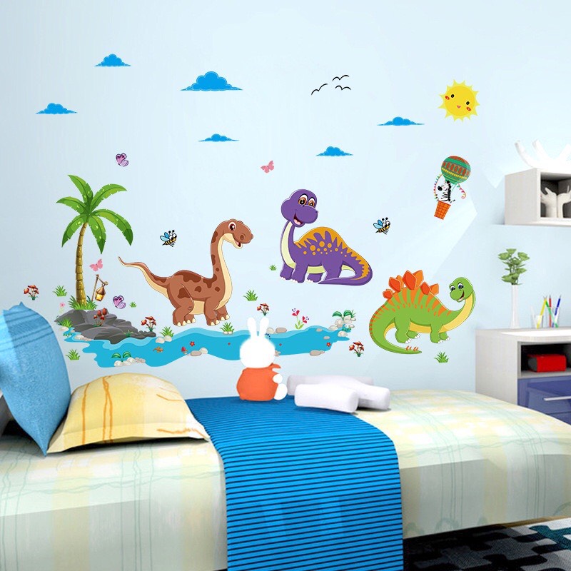 Tranh dán tường 3D Công viên khủng long, Tranh dán đẹp cho bé KT 135x75cm, Decal trang trí phòng