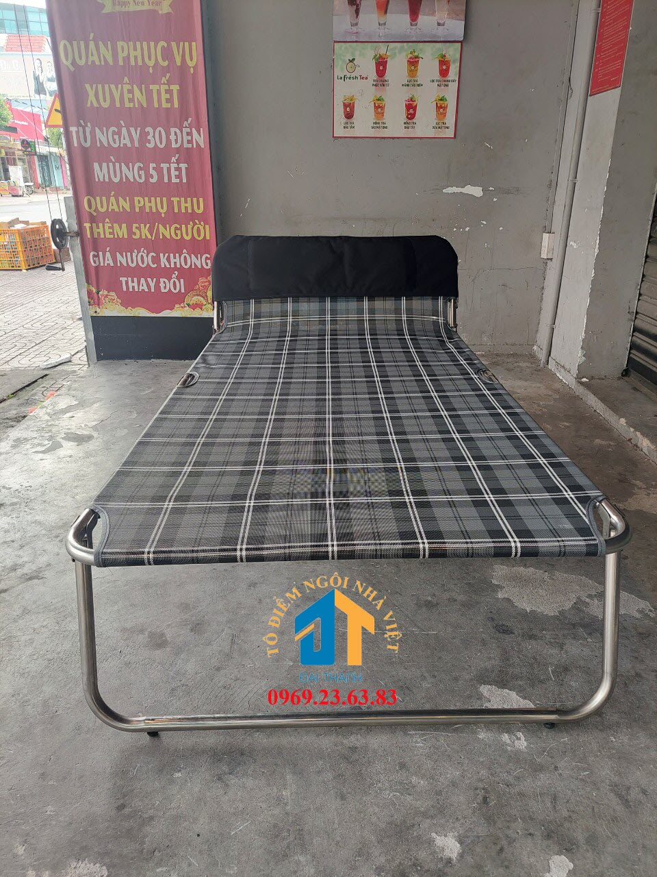 Giường  xếp lưới khung inox cỡ đại rộng 90cm dài 1m9.