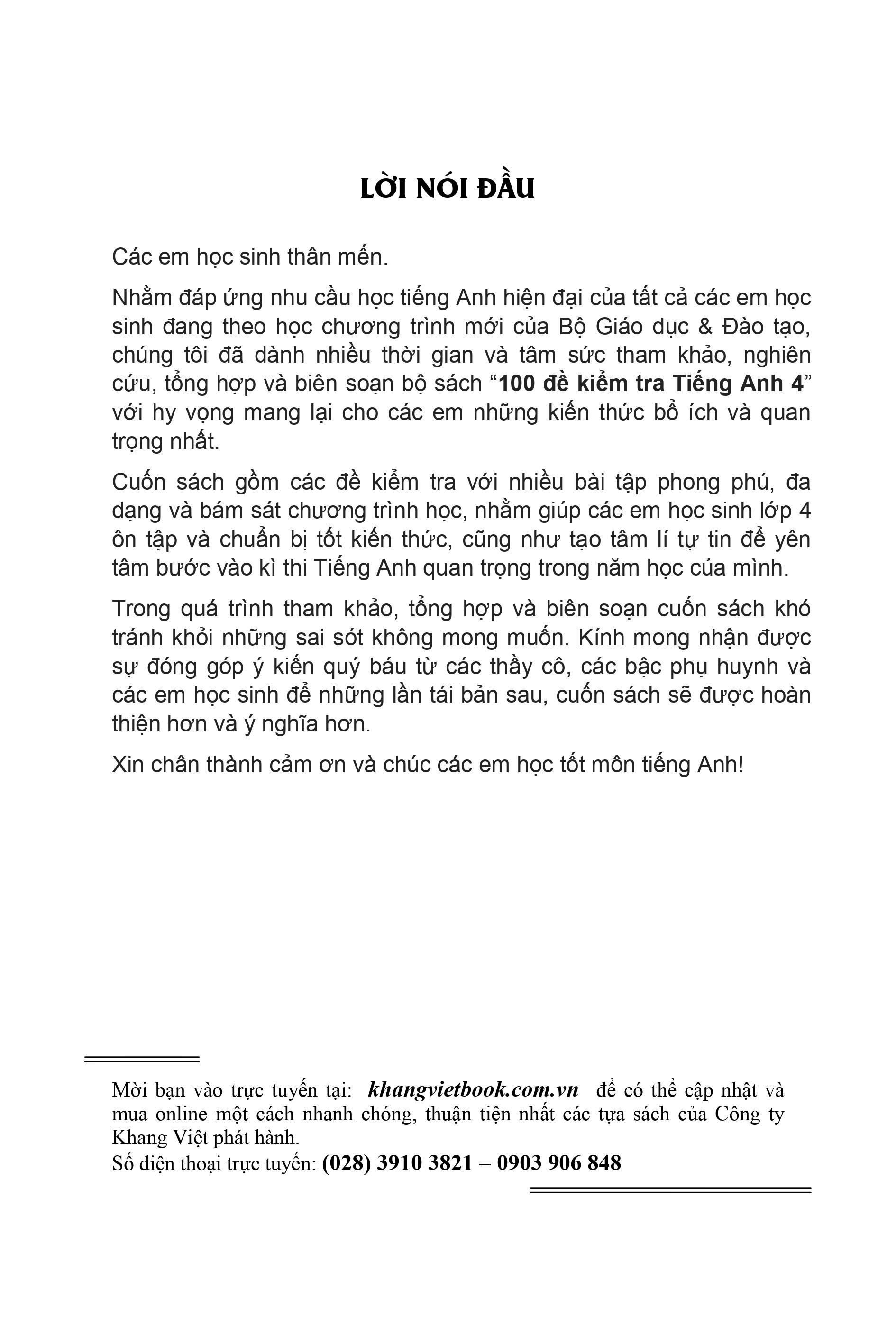 Sách - 100 đề kiểm tra Tiếng Anh 4