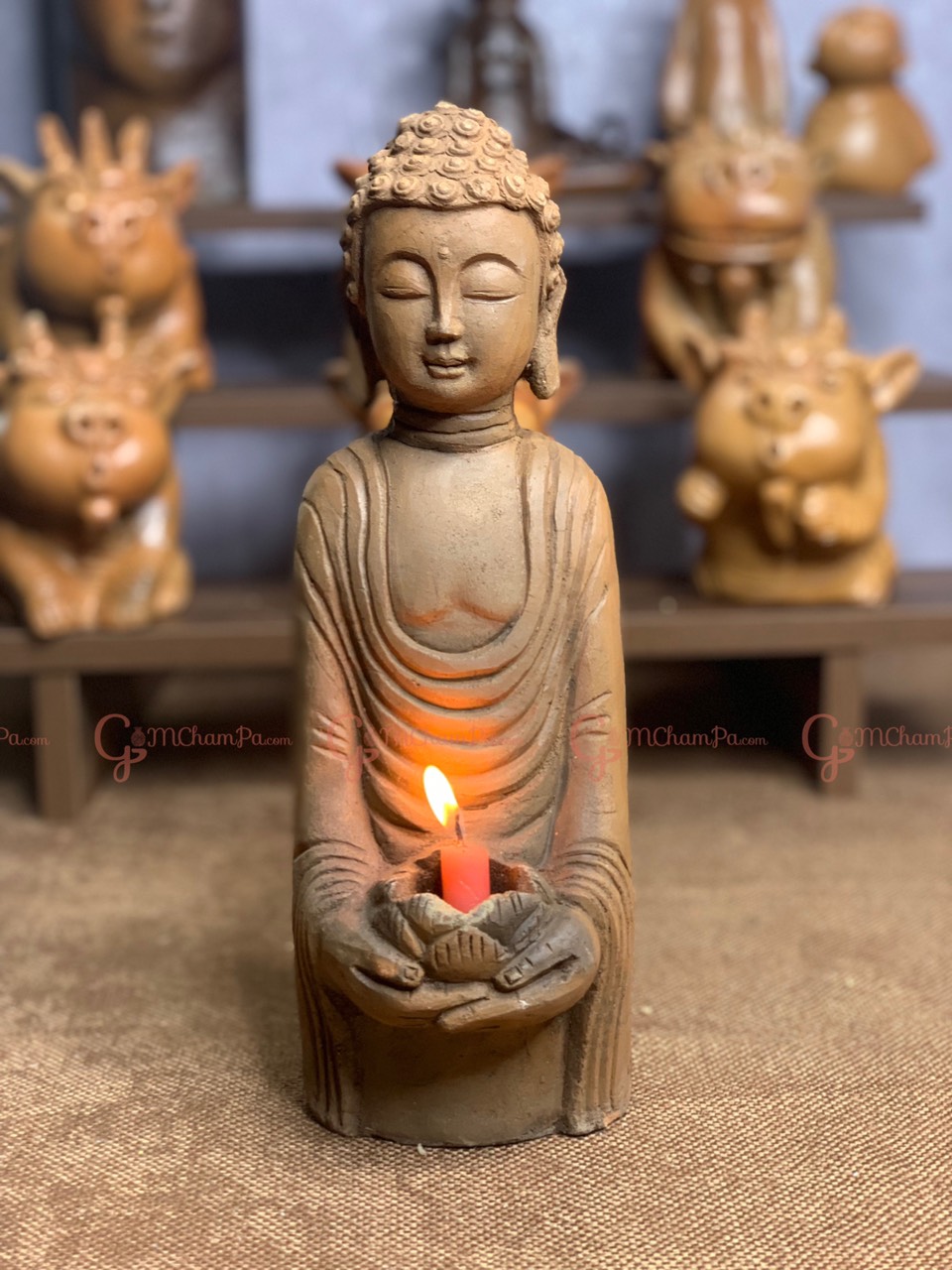 Tượng phật ôm nến gốm chăm bàu trúc size 30cm