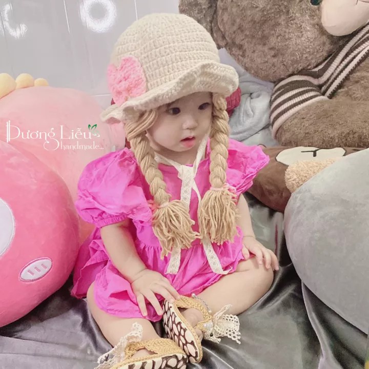 Nón len handmade có 2 bím tóc cho bé (nhiều mẫu mới)