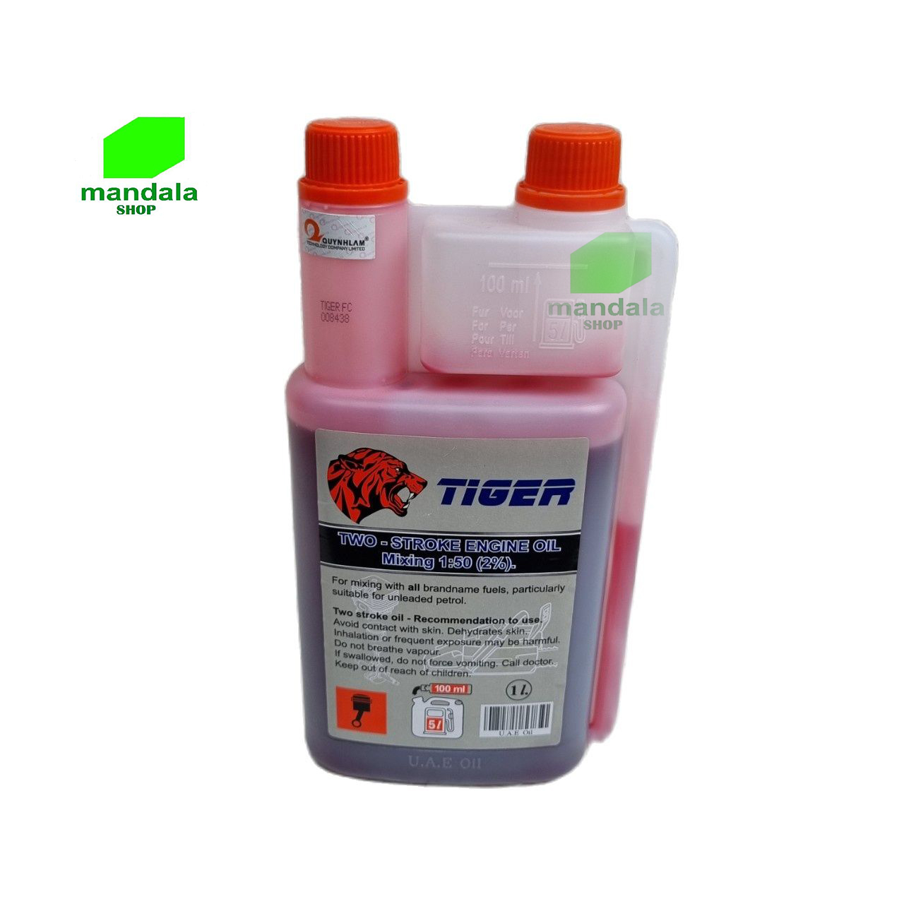 Dầu nhớt 2 thì TIGER, dung tích 1 lít dùng pha  với xăng cho máy cưa, máy cắt cỏ, động cơ 2 thì