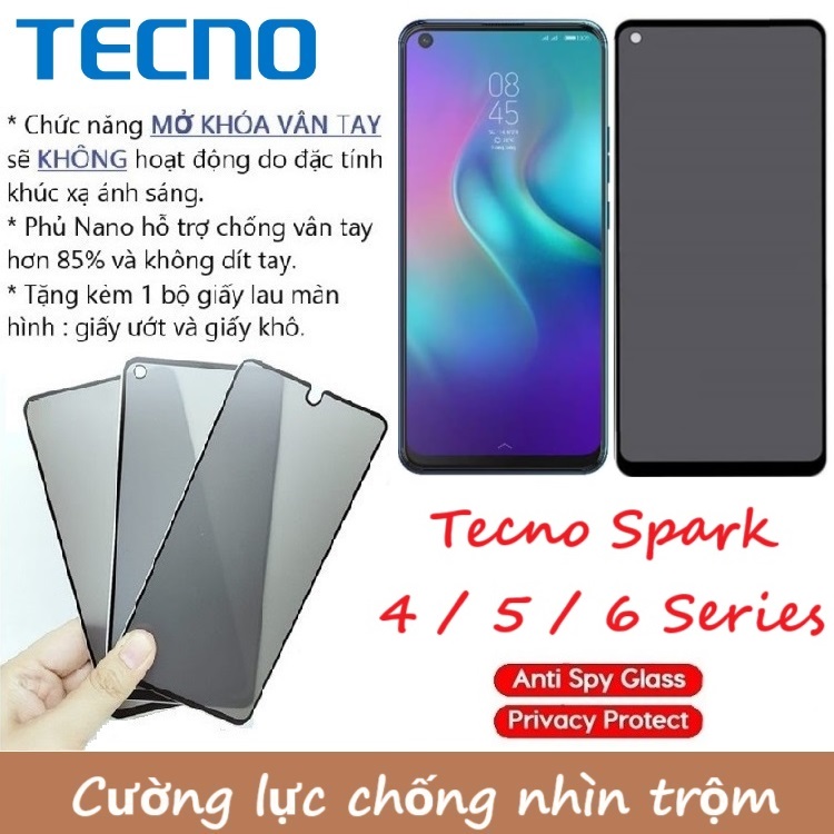 Cường lực chống nhìn trộm Tecno Spark 4 / 5 / 6 Go / 4 Lite / 5 Pro (Full màn Full keo)