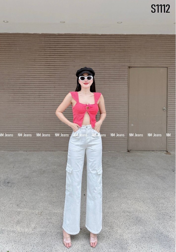 Quần Jeans Nữ Lưng Cao Ống Rộng Túi Hộp Thời Trang