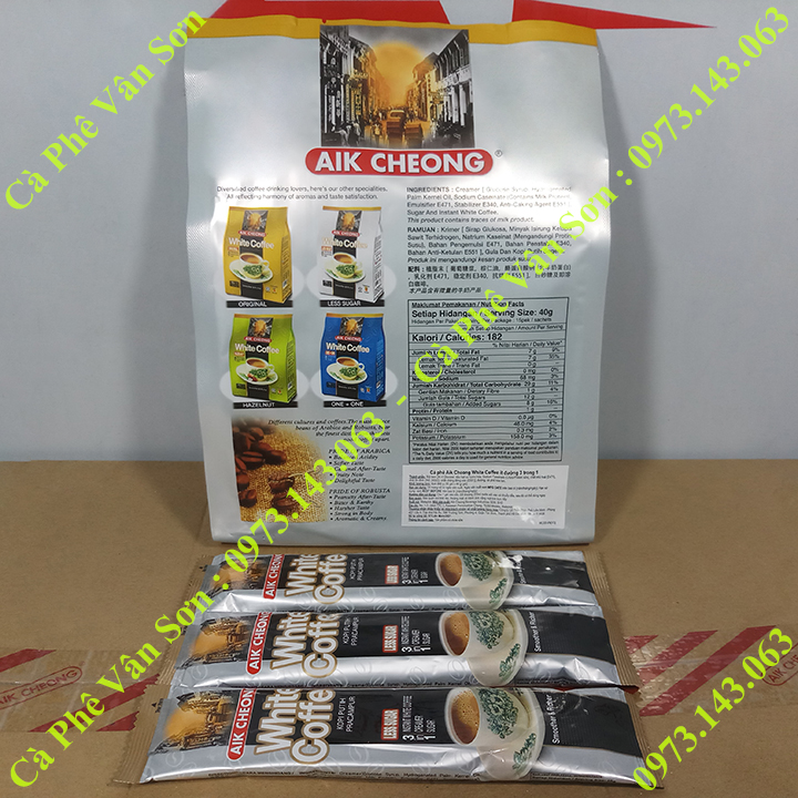 03 bịch Cà phê ít đường Aik Cheong White Coffee (less sugar) 600g (15 gói dài x 40g)