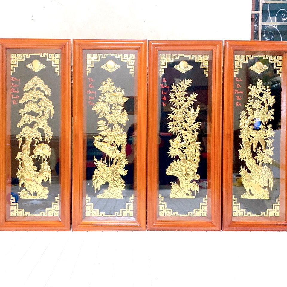Tranh tứ quý hp 40. X 100 cm khung gỗ làm bằng đồng khung gỗ