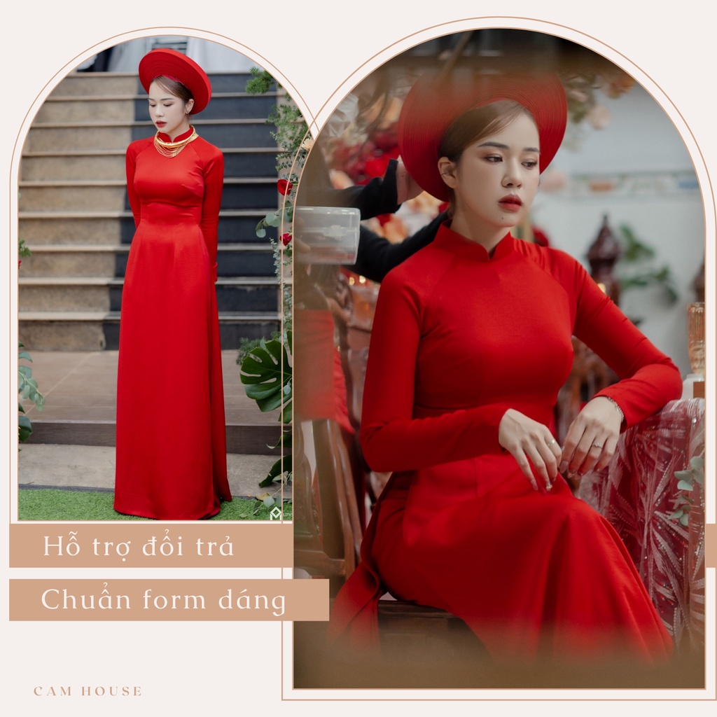 Áo dài cưới cô dâu lụa trơn màu đỏ, chất liệu lụa ngọc trai 2 tà