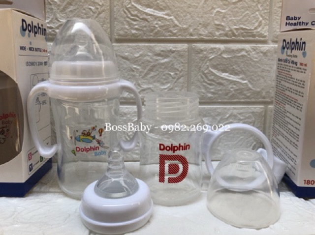 Bình Sữa Dolphin Cổ Rộng Có Tay Cầm 180Ml