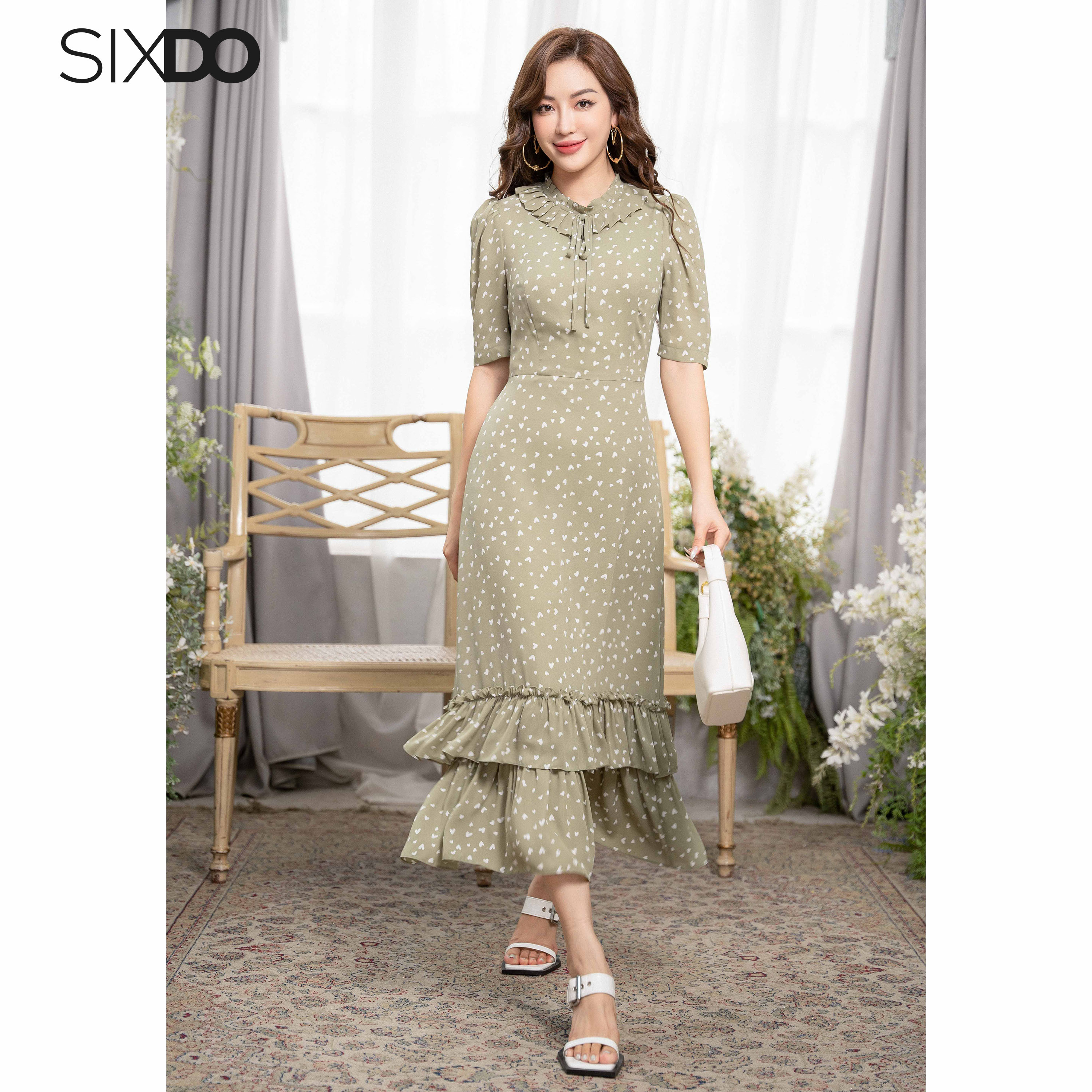 Đầm chiffon cổ bèo họa tiết trái tim SIXDO (Midi Chiffon Dress)