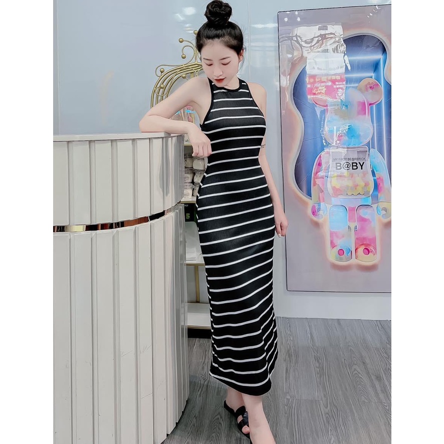 Đầm body sọc ba lỗ dài thun co giãn