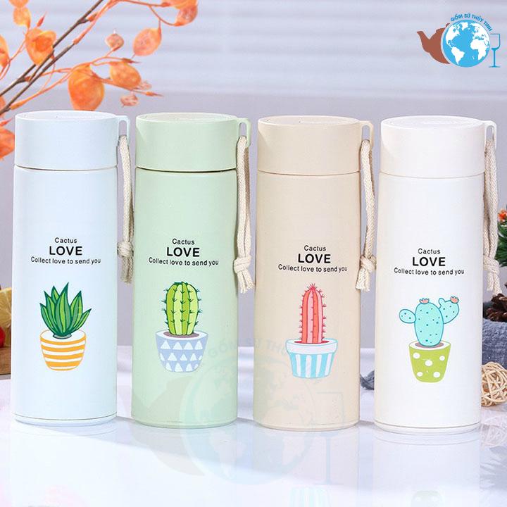 Bình thủy tinh cách nhiệt võ bọc nhựa lúa mạch in hình xương rồng dễ thương kèm dây xách - BGN04