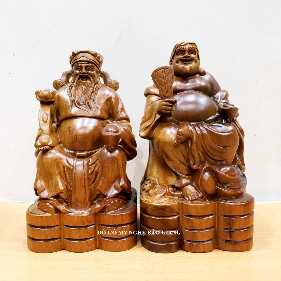 Bộ tượng Thần Tài Thổ Địa gỗ bách xanh 20cm