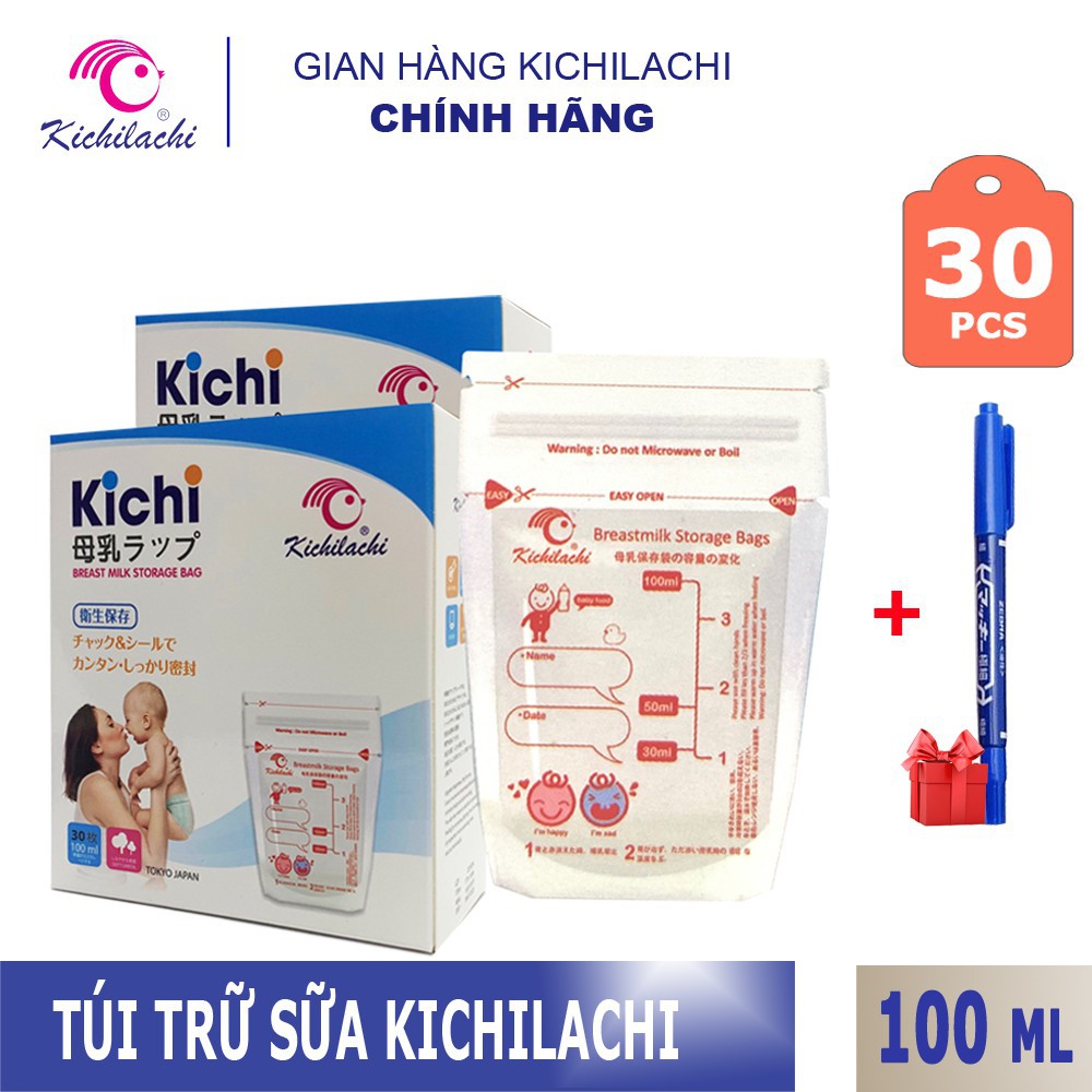(FREESHIP ĐẾN 50k) (TẶNG BÚT) Hộp 30 túi trữ sữa 100ml không BPA, không mùi & 2 khóa zip an toàn cho Bé Kichilachi Kichi NAM3