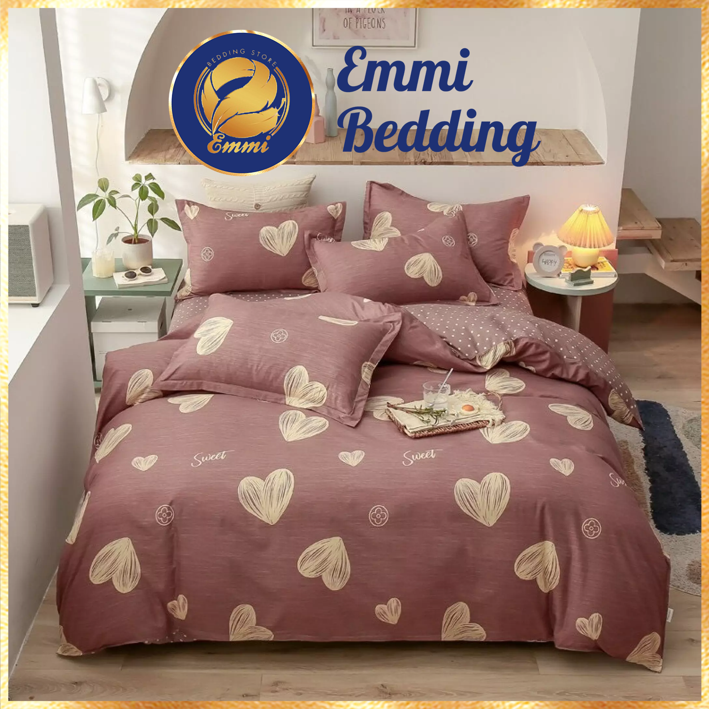 Bộ chăn ga gối cotton 3D hoạt hình 4 món mẫu tim vàng xước EMMIBEDDING STORE
