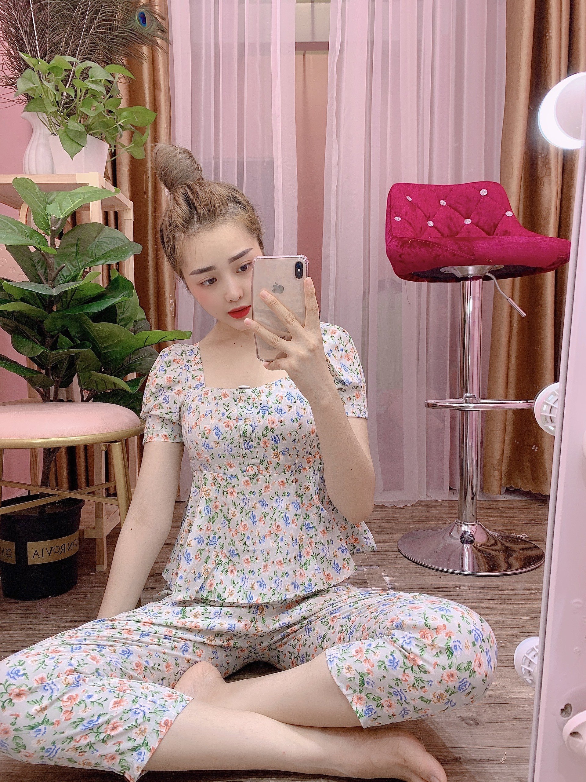 Đồ bộ ngủ nữ mặc nhà bộ quần áo 2 dây nữ bộ mặc ngủ nữ quần đùi vải Latin freesize 54kg, cn76